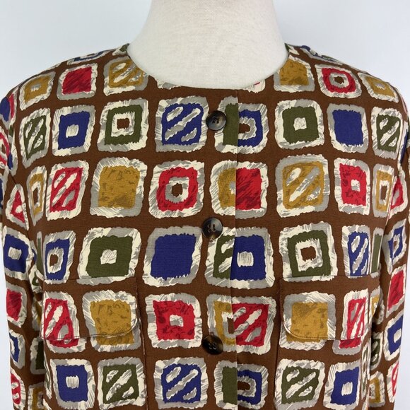 Vtg Evan Picone Sz 14P Button-up 80s NOS Geometric Colorful Blouse Autumn - Picture 2 of 8
